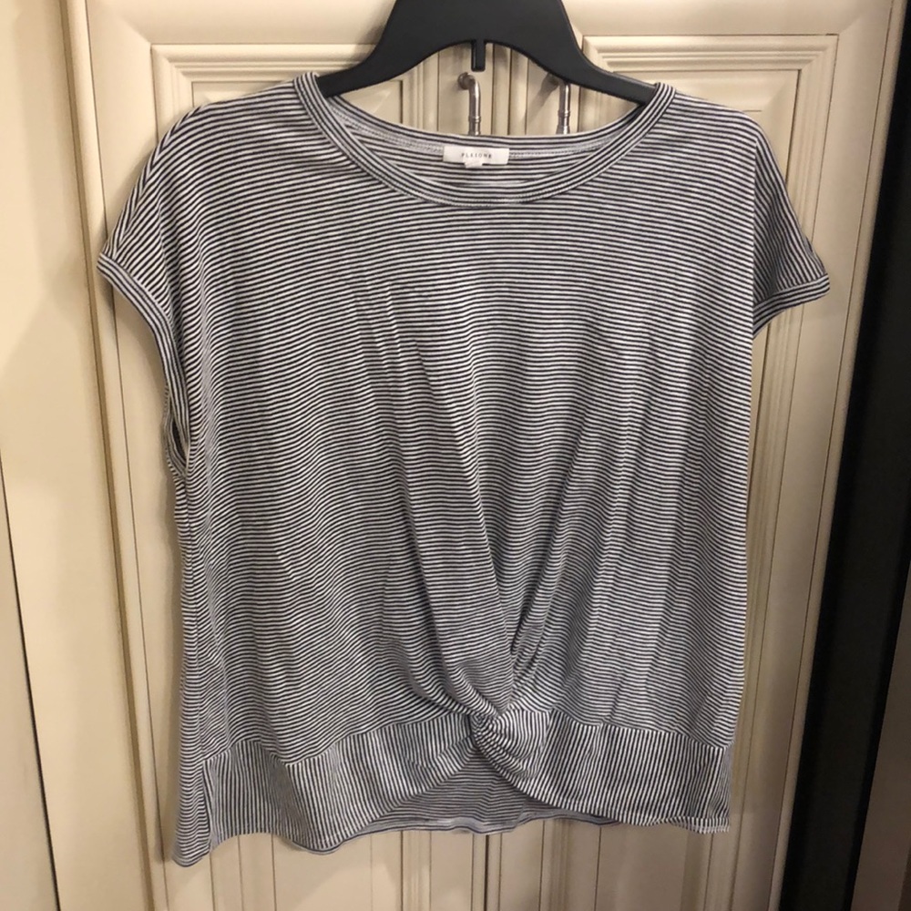 Pleione black and White Striped Short Sleeve Knot Front Top